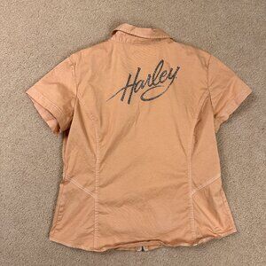 Harley Davidson Rhinestone Tan Cursive Women's Full Zip Mechanic Shirt Size XL